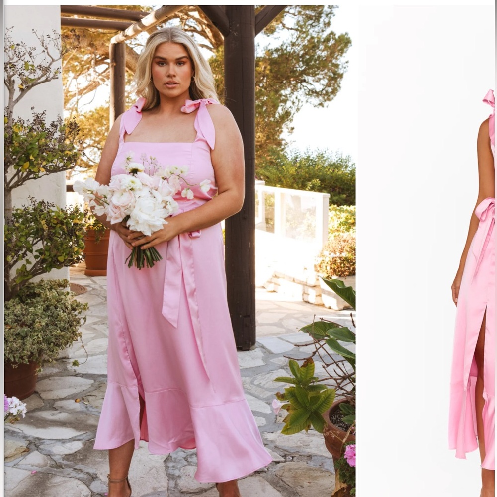 Show Me Your Mumu Midi Dress in Luxe Pink Satin